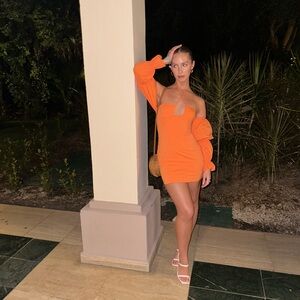 Orange halter mini dress with sleeves